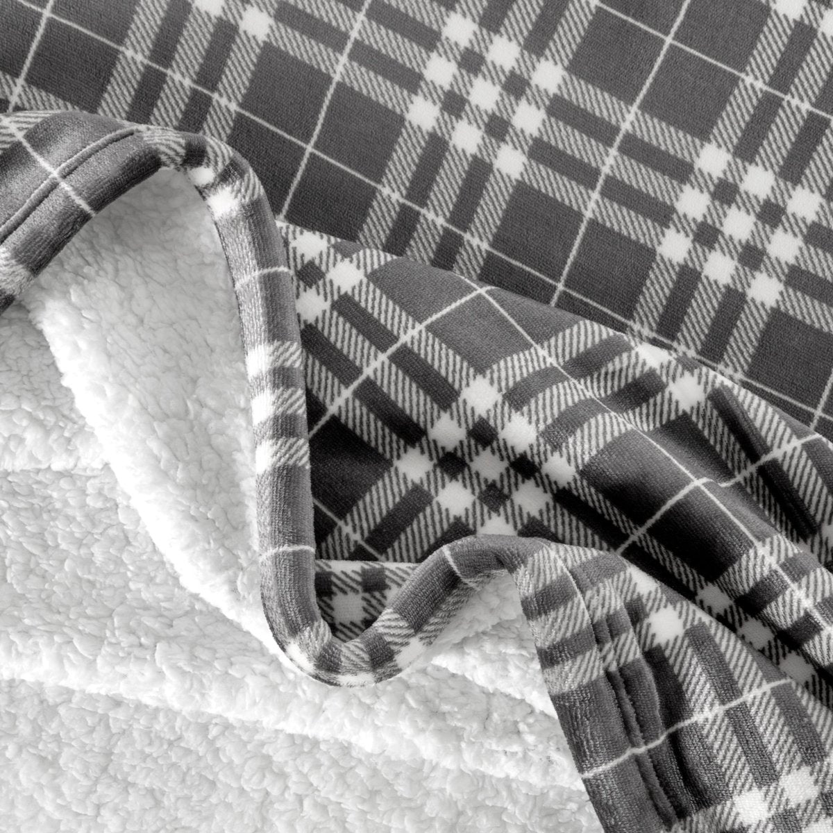 Close-up of both sides of a printed sherpa blanket