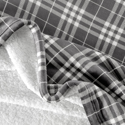 Close-up of both sides of a printed sherpa blanket