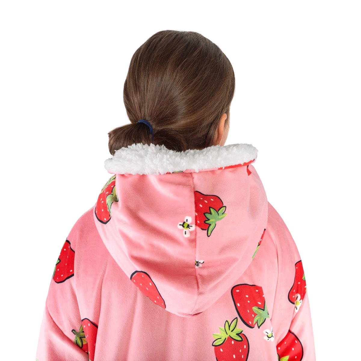 A child with a sherpa wearable blanket on