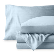 Washed microfiber sheet set folded and stacked on a white background