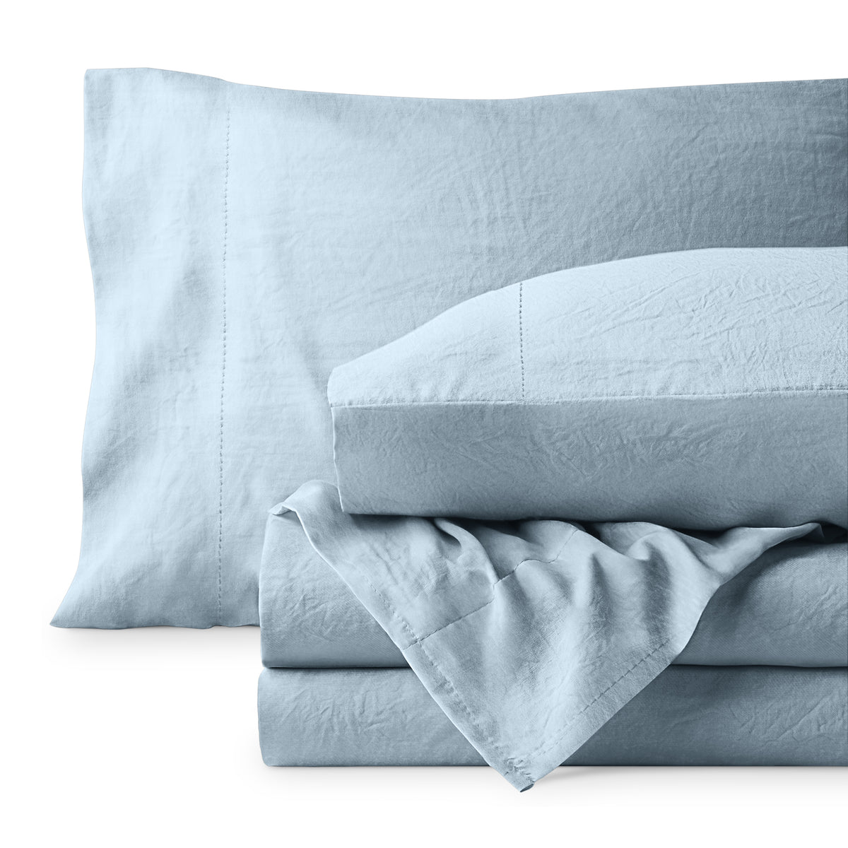 Washed microfiber sheet set folded and stacked on a white background