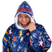 An adult with a sherpa wearable blanket on