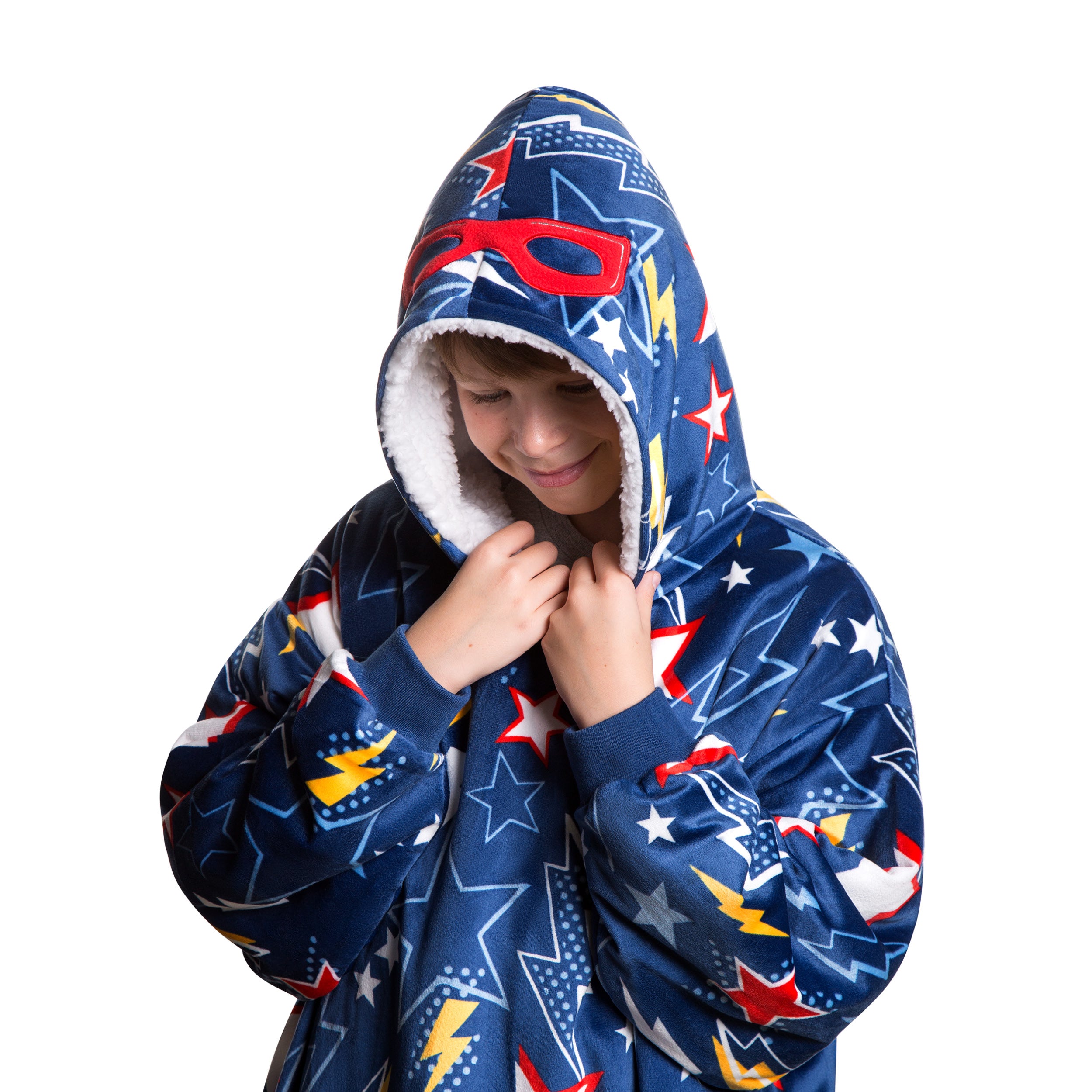 A child is wearing a Sherpa wearable blanket