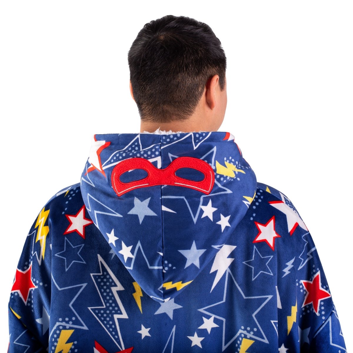 Person wearing a hooded blanket on a white background