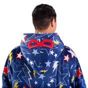 Person wearing a hooded blanket on a white background