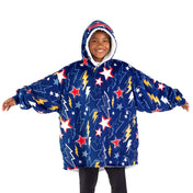 A child with a sherpa wearable blanket on