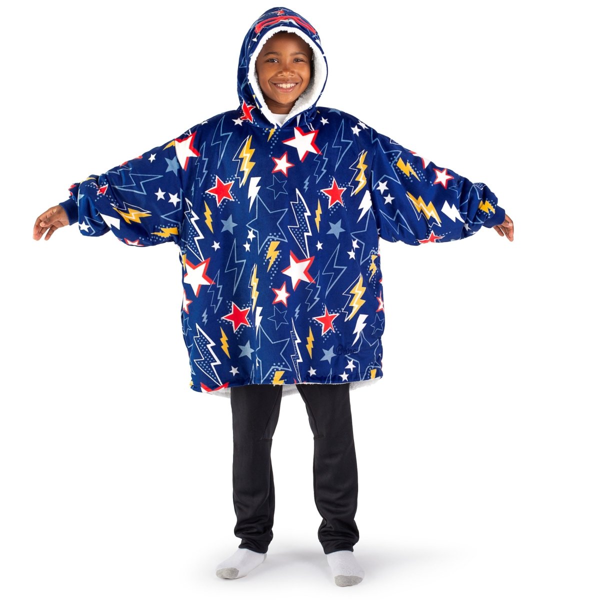 A child wearing a hooded blanket