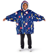 A child wearing a hooded blanket