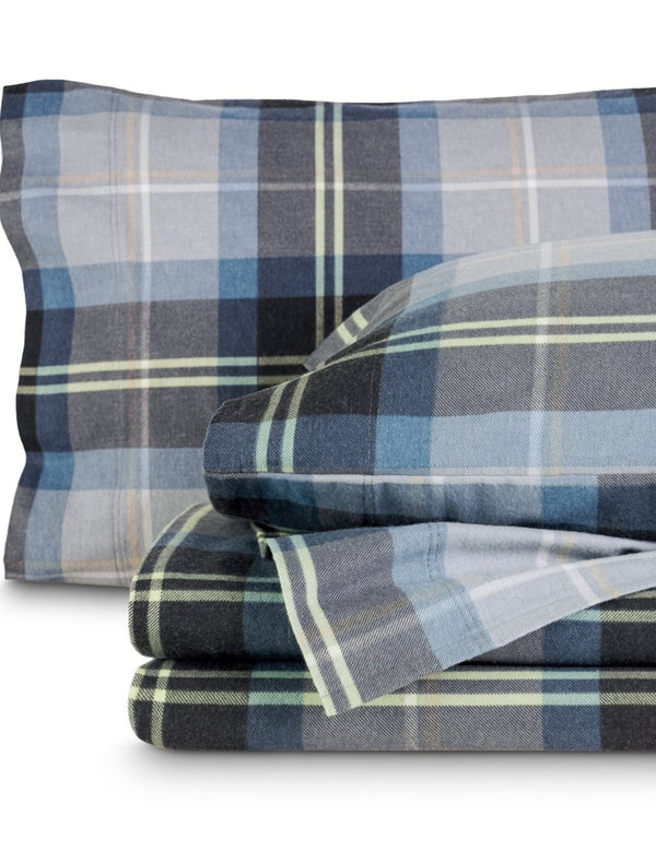 Flannel print sheets folded and stacked