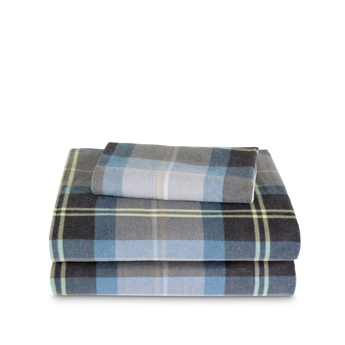 Stack of flannel sheets and pillowcases on a white background