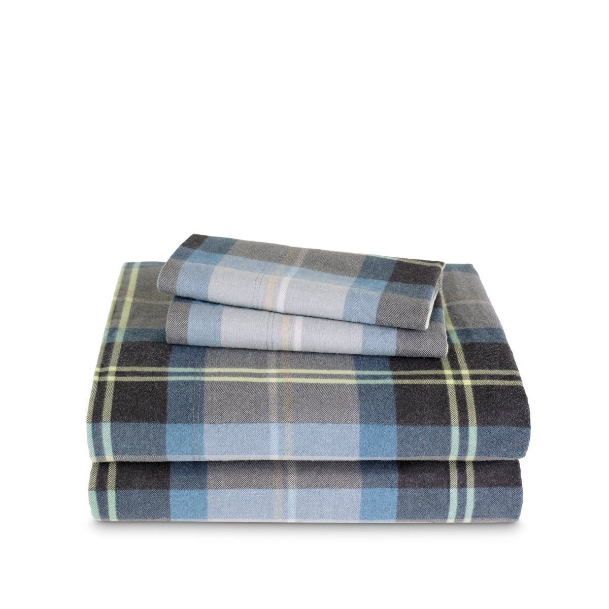 Stack of flannel sheets and pillowcases on a white background