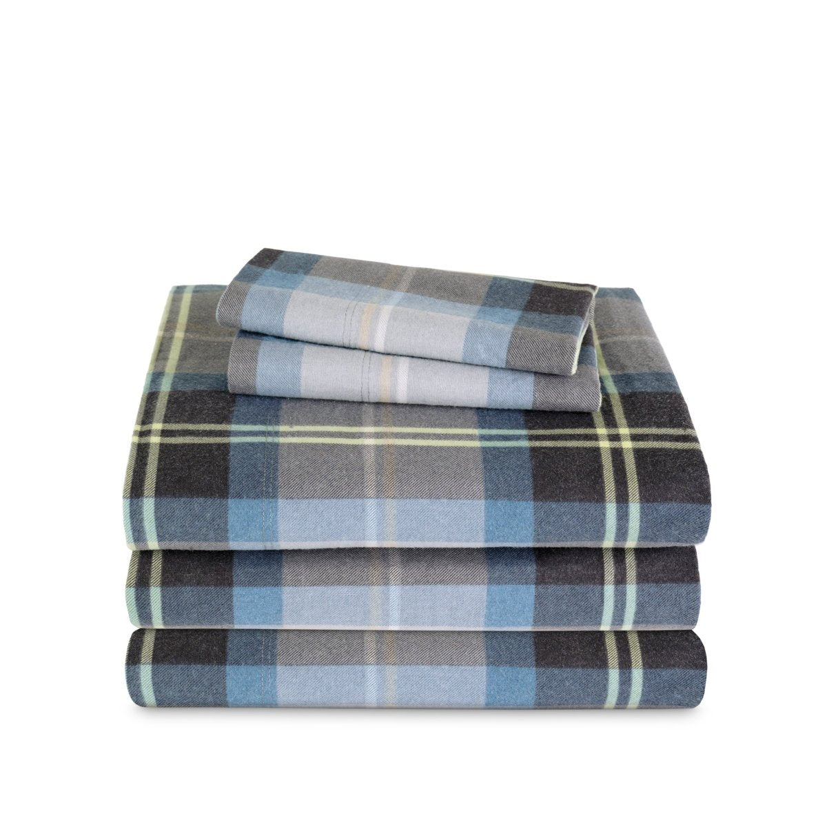 Stack of flannel sheets and pillowcases on a white background