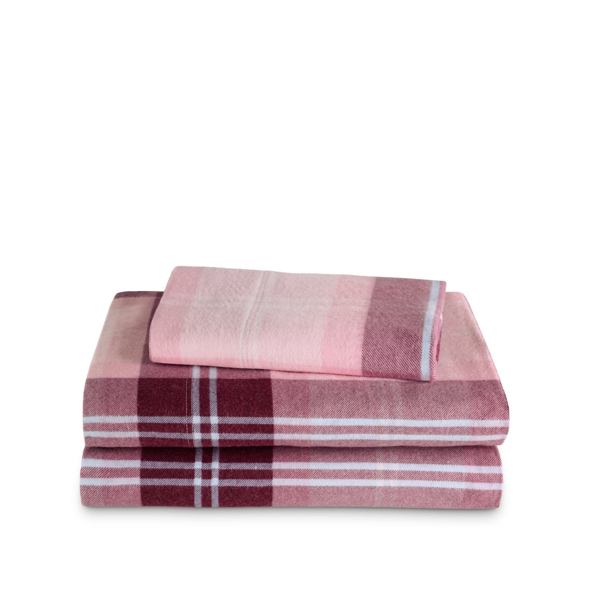 Stack of flannel sheets and pillowcases on a white background