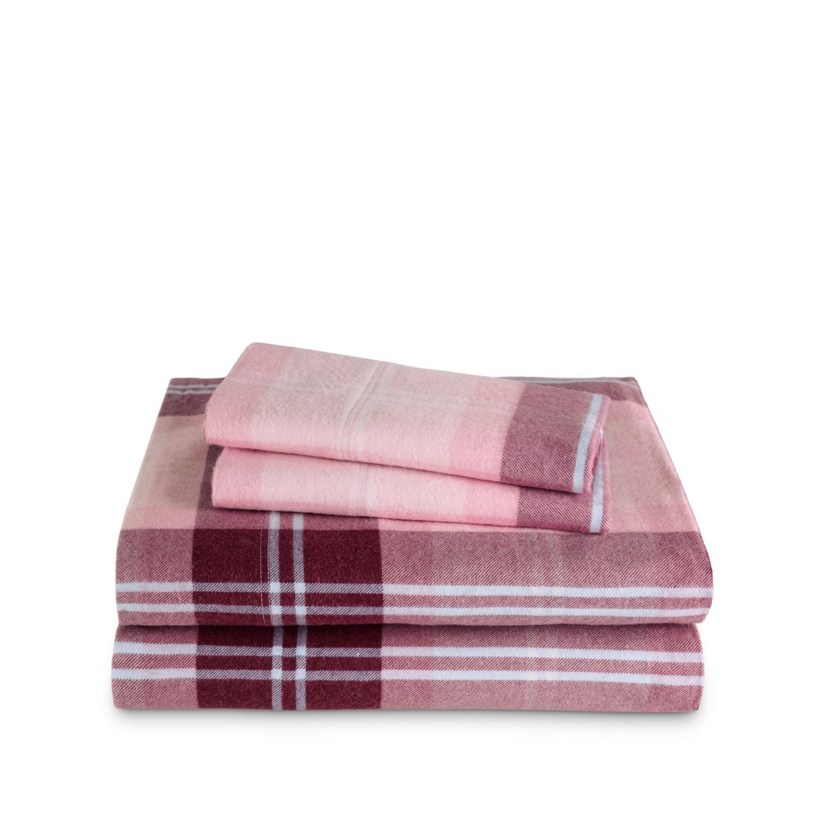 Stack of flannel sheets and pillowcases on a white background