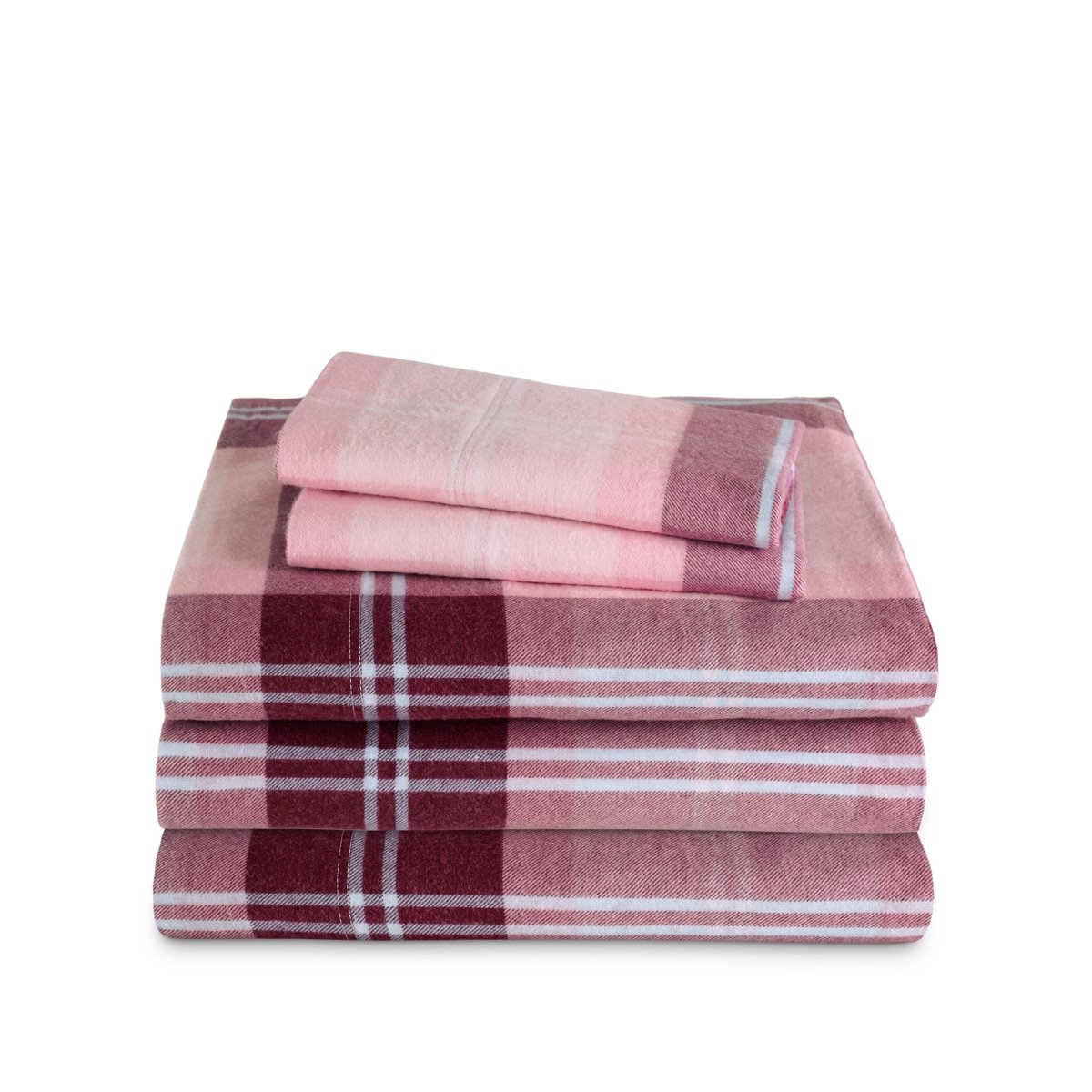 Stack of flannel sheets and pillowcases on a white background