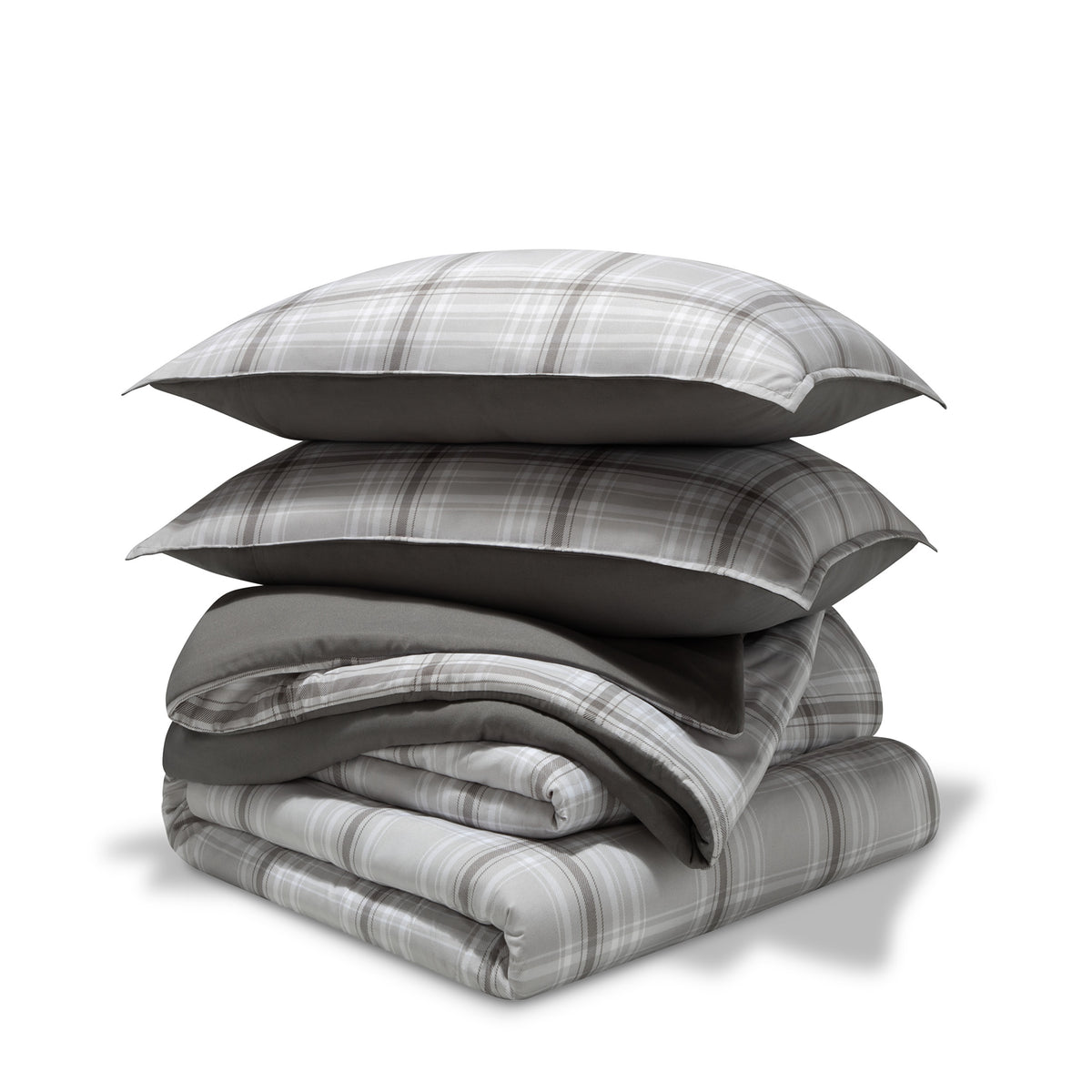 Comforter set stacked on a white background