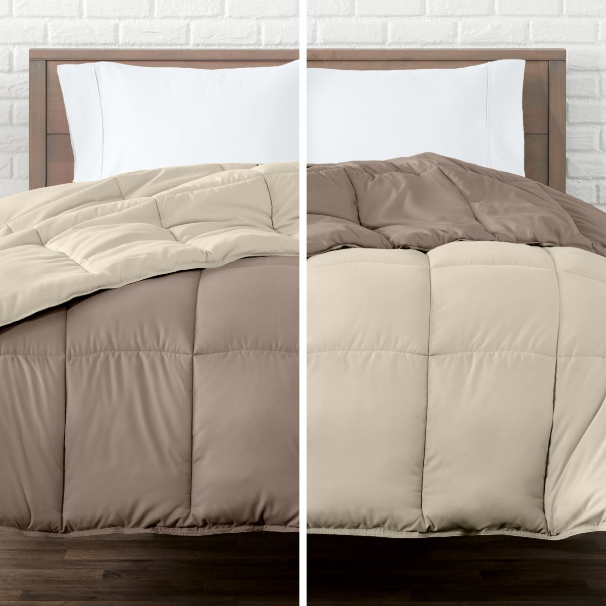 Two views of a reversible comforter on a bed with a white brick wall background.