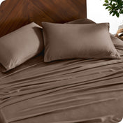 Close up of bamboo sheets and pillowcases on a bed