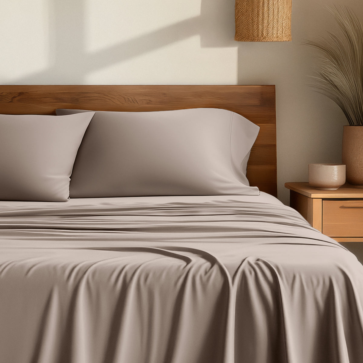 Bamboo sheets on a bed with a wooden headboard