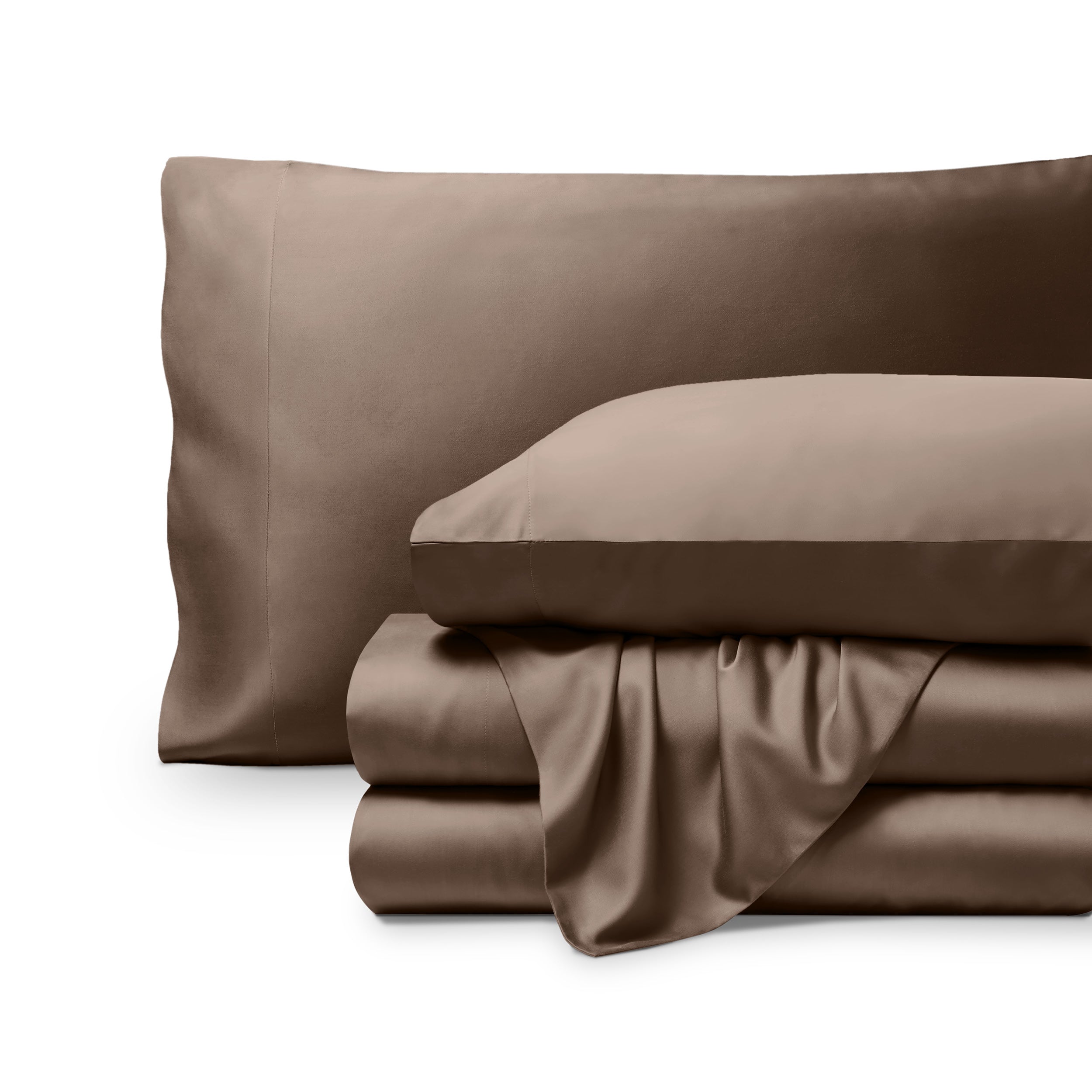 Bamboo pillowcases and sheets set on a white background