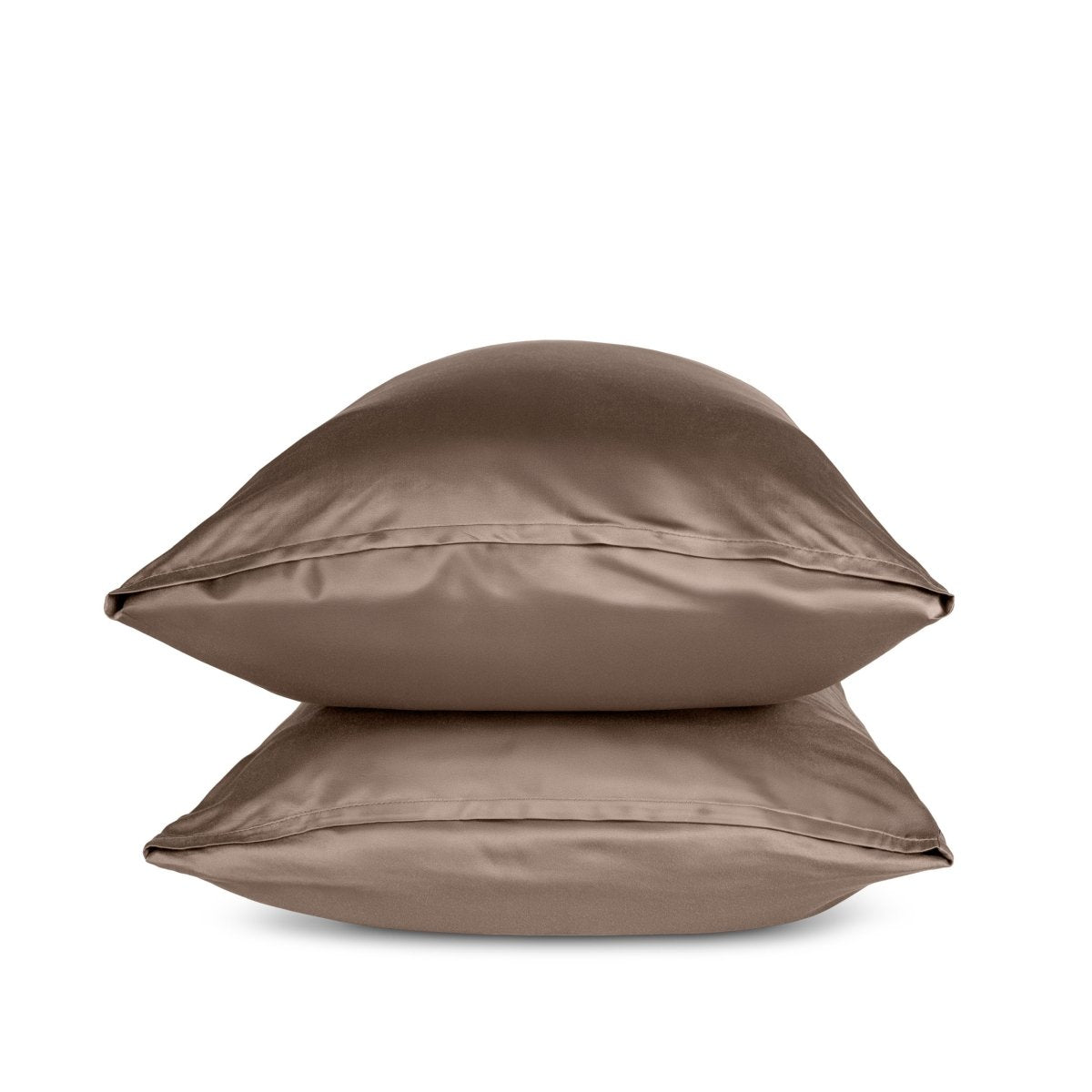 Two taupe pillows stacked on a white background