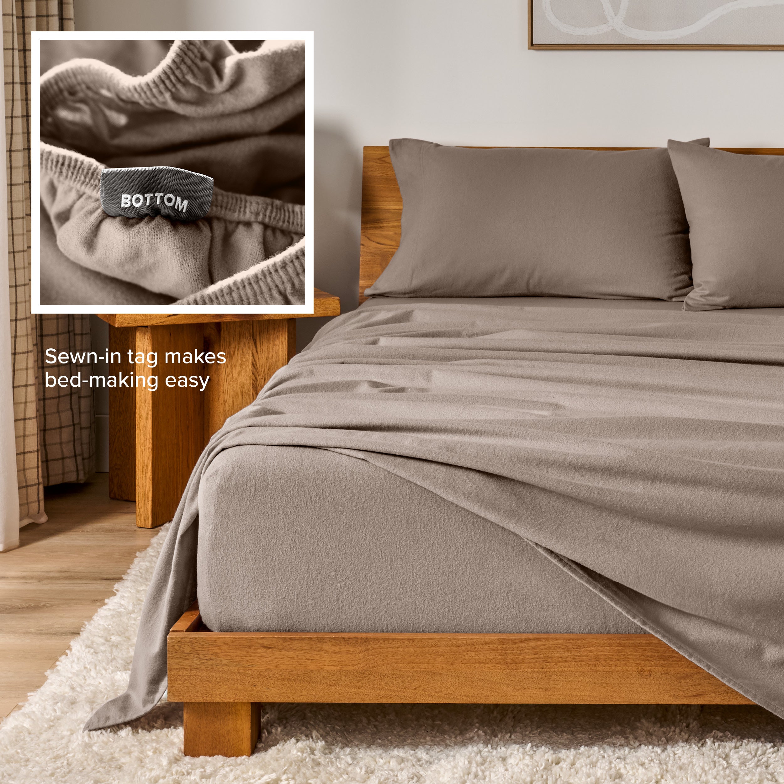 Flannel sheets on a with an inset of a sewn-in tag reading BOTTOM
