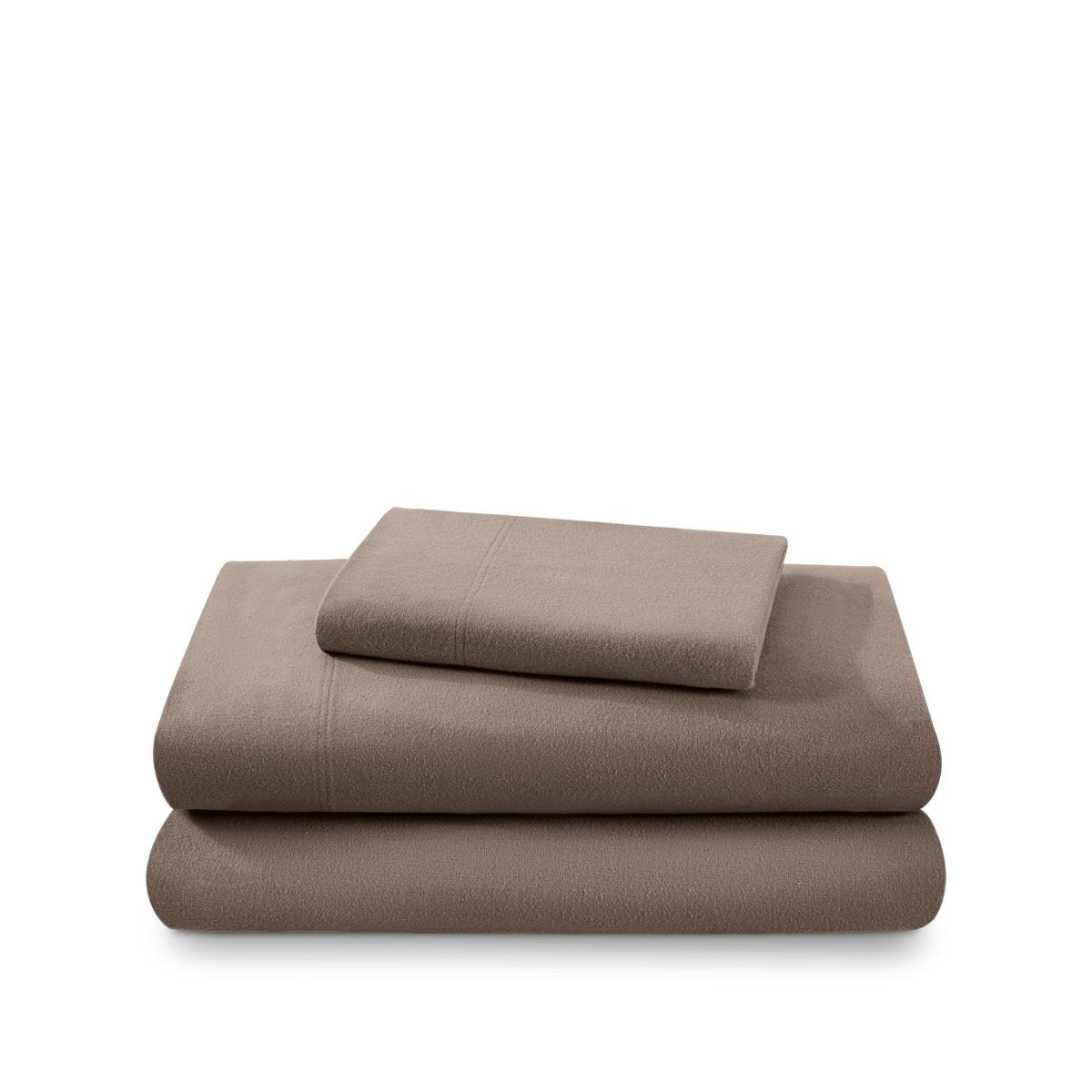 Cotton flannel sheet set folded and stacked on a white background