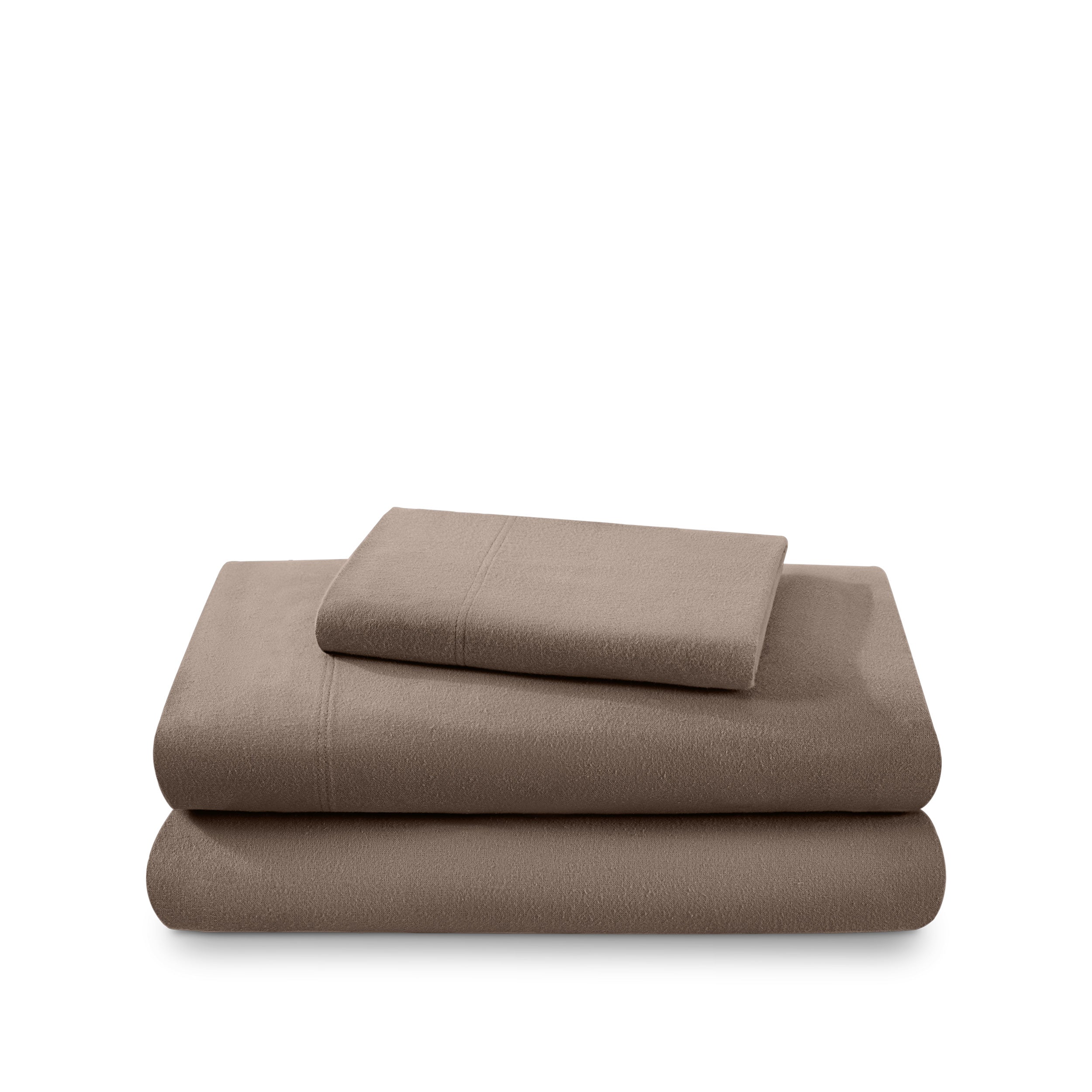Cotton flannel sheet set folded and stacked on a white background
