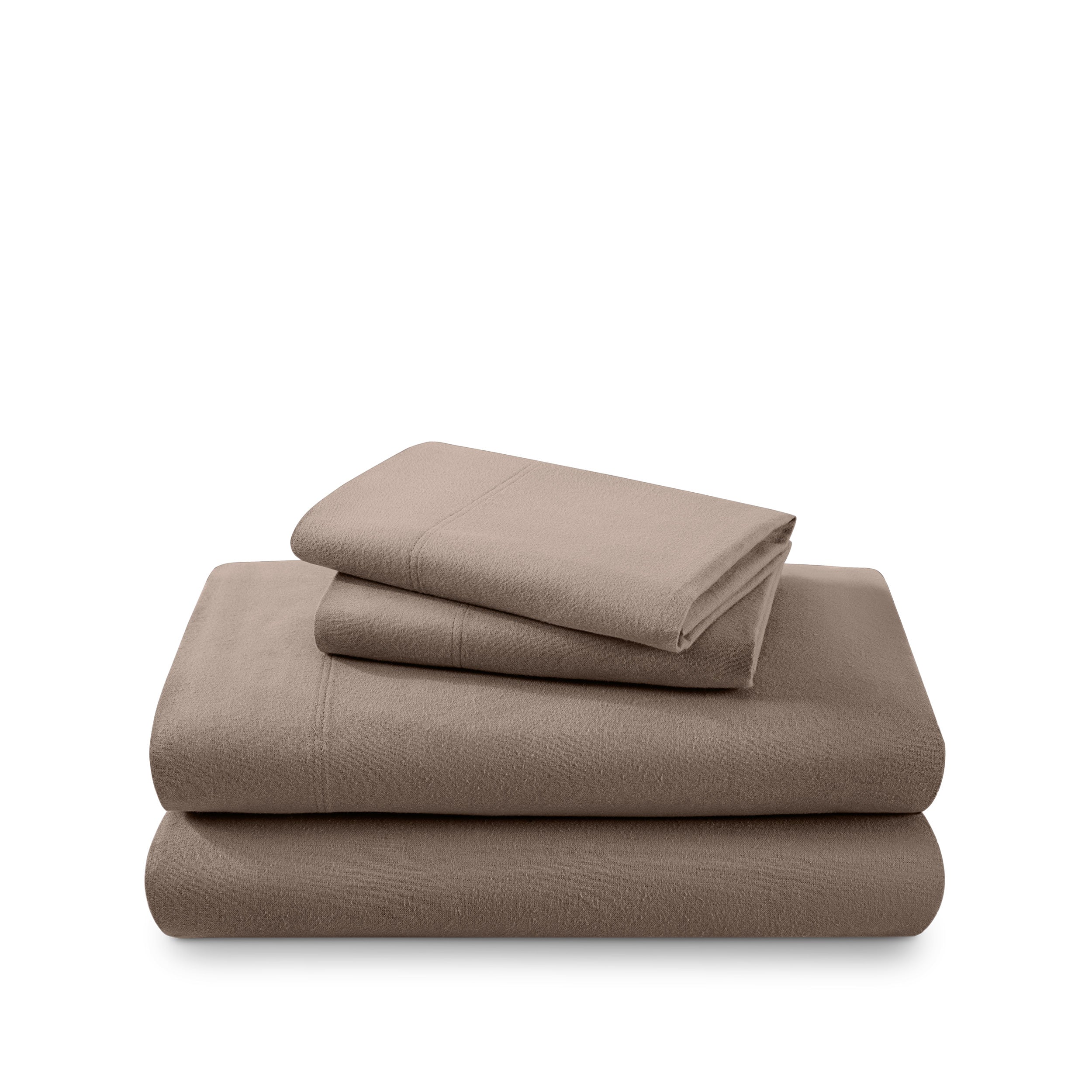 Cotton flannel sheet set folded and stacked on a white background