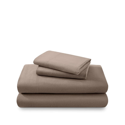 Cotton flannel sheet set folded and stacked on a white background