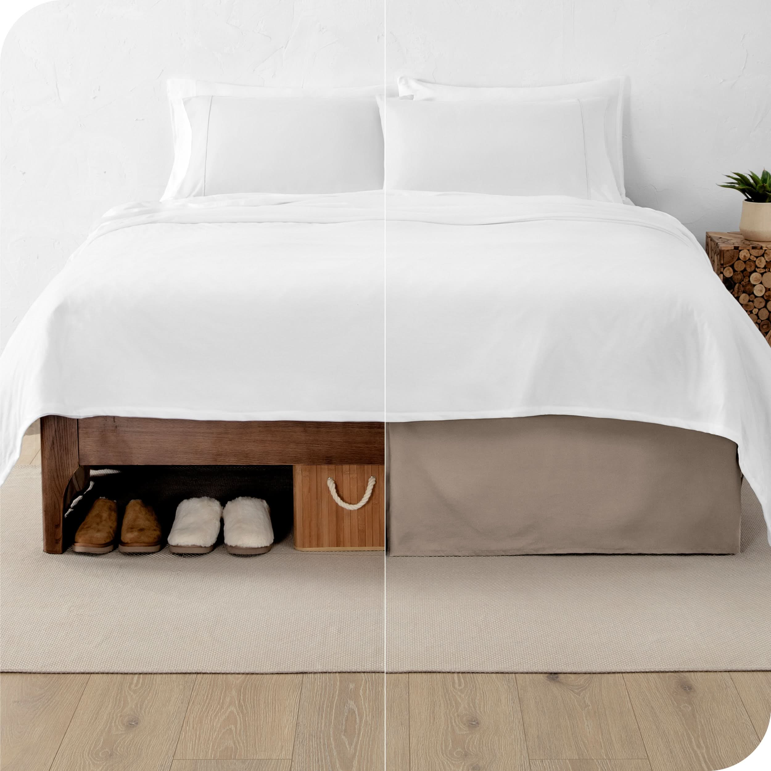 A split image showing a bed without a bed skirt on the left and with a bed skirt on the right.