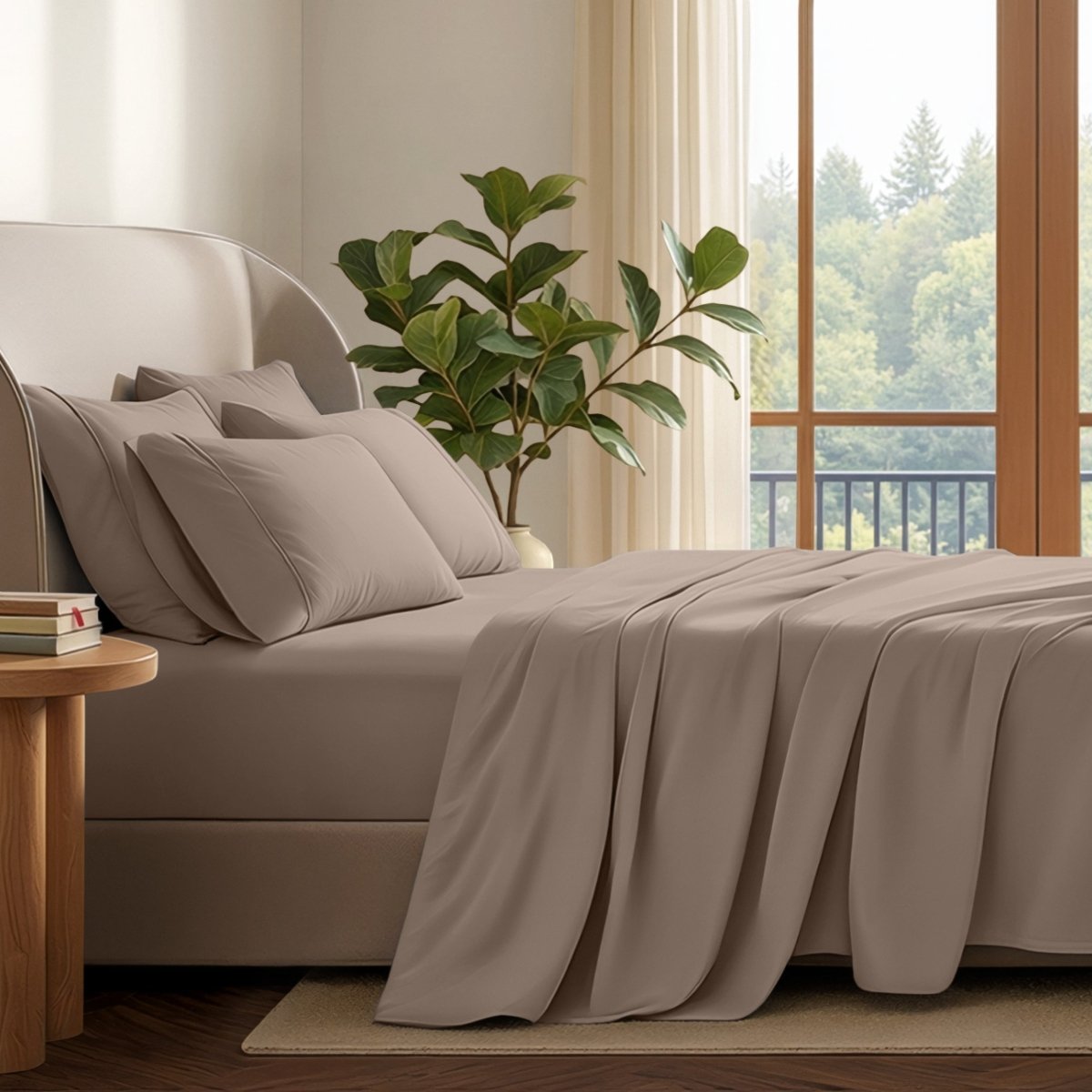 A neatly made bed with in a softly lit bedroom. A large green plant stands beside the bed, and a window with curtains is visible in the background.