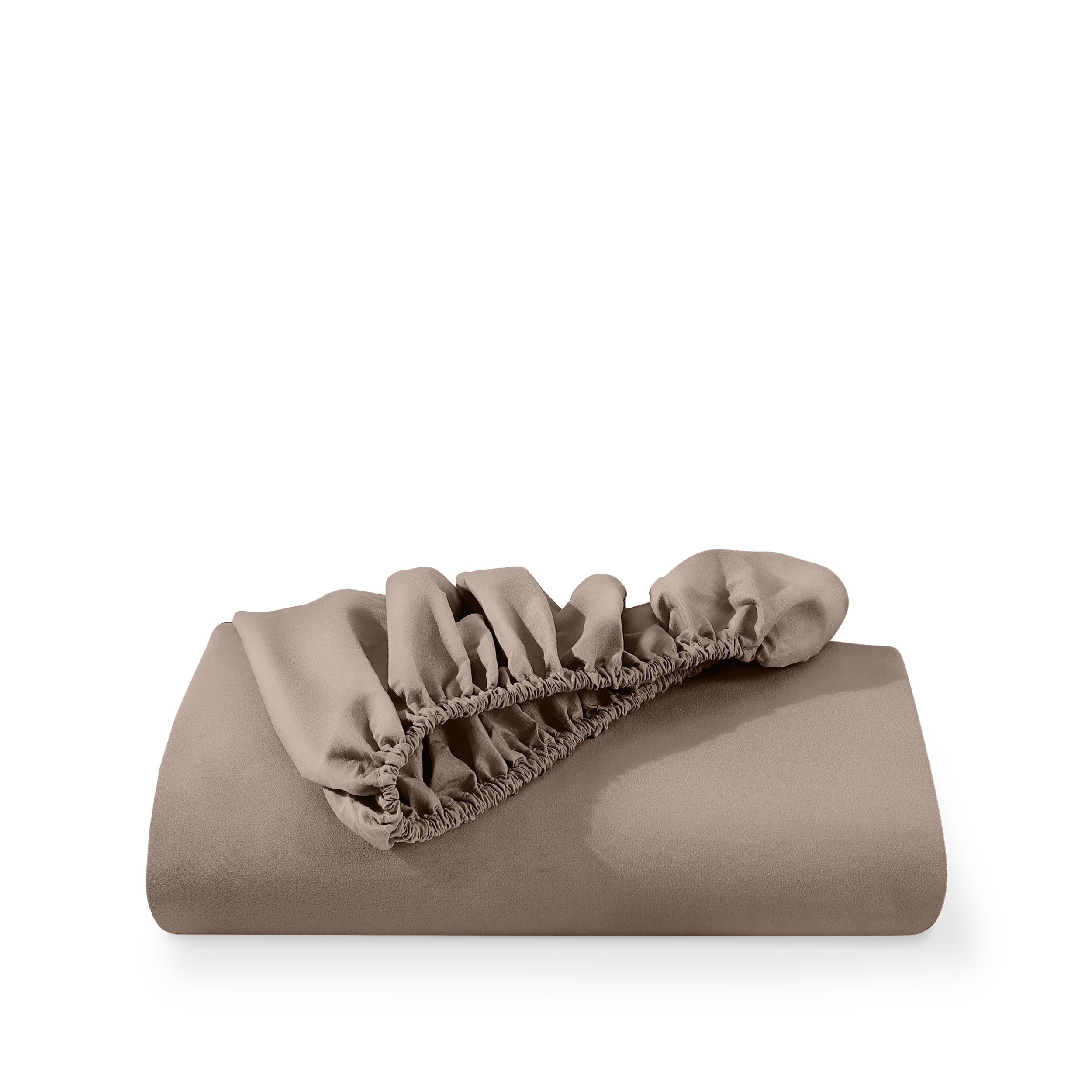 A deep pocket fitted sheet folded on a white background