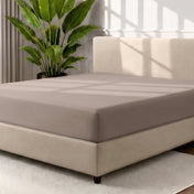 A fitted sheet covering a bed with a cream colored frame, styled in a bedroom setting with a large potted plant.
