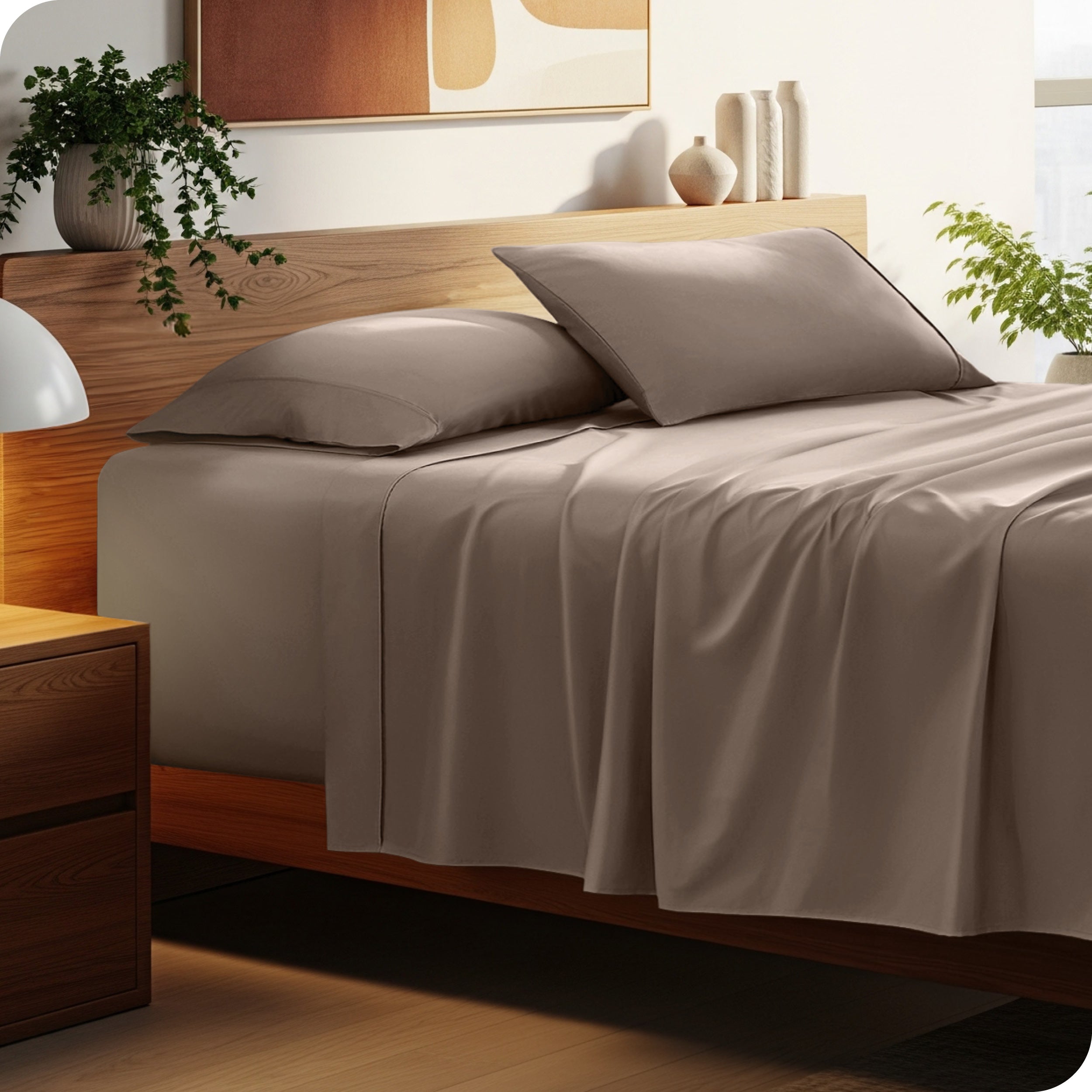 Bed with microfiber bedding and wooden headboard in a bedroom setting