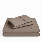 Microfiber sheet set folded and stacked neatly.