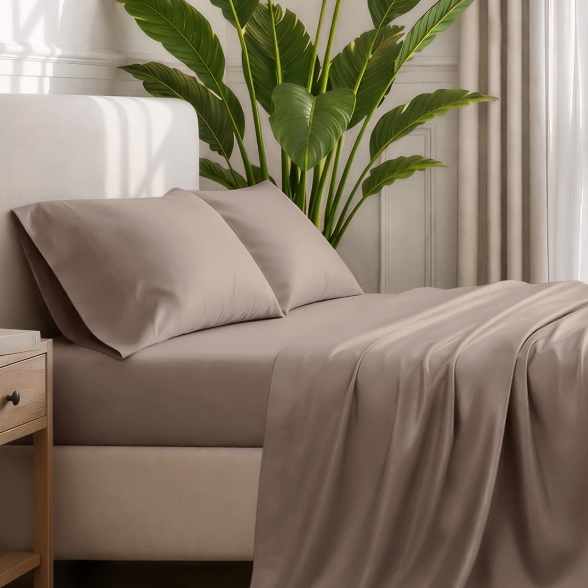 Ultra-soft sheets and pillowcases on a bed with a plant in the background