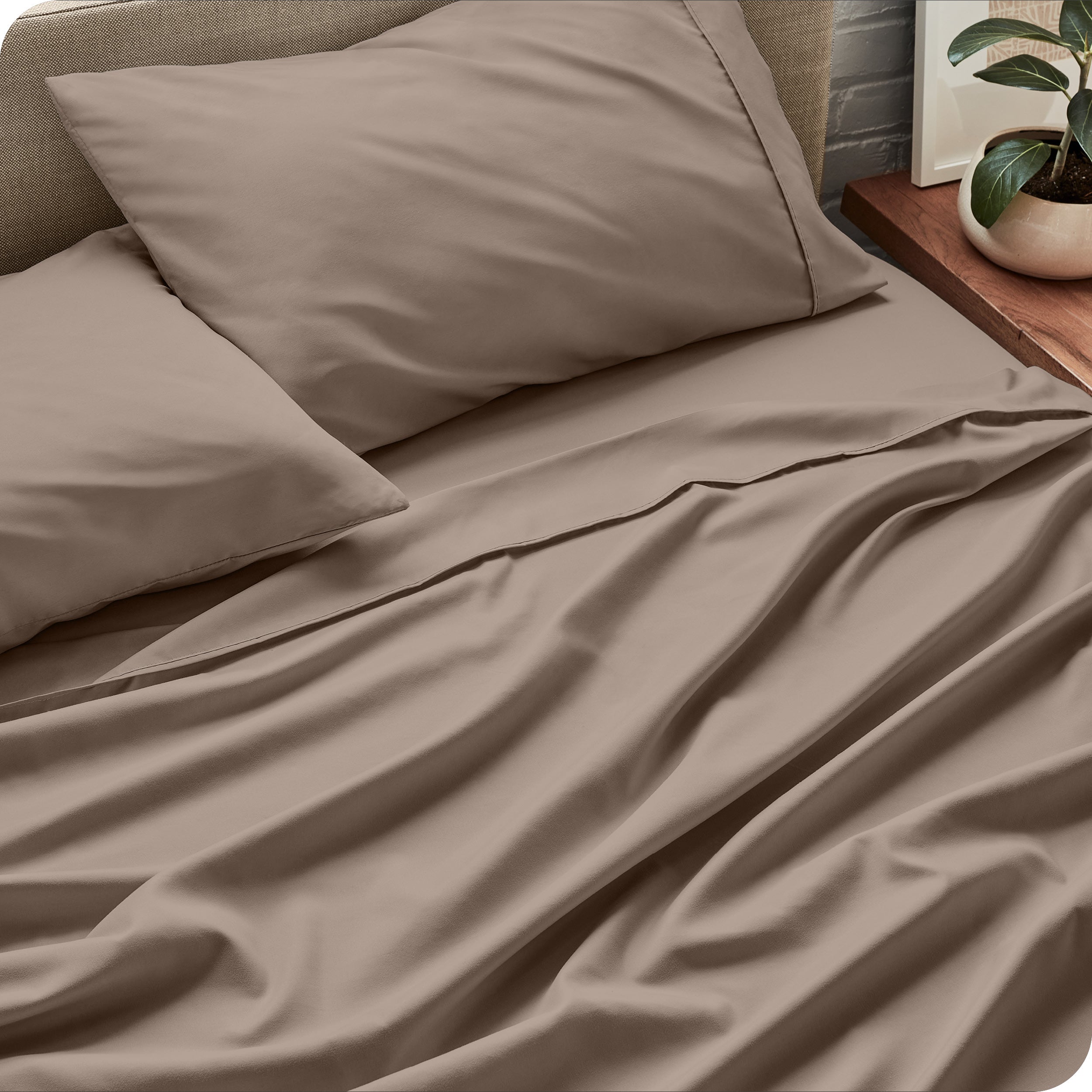 Sheet set on a bed with pillows and a plant in the background