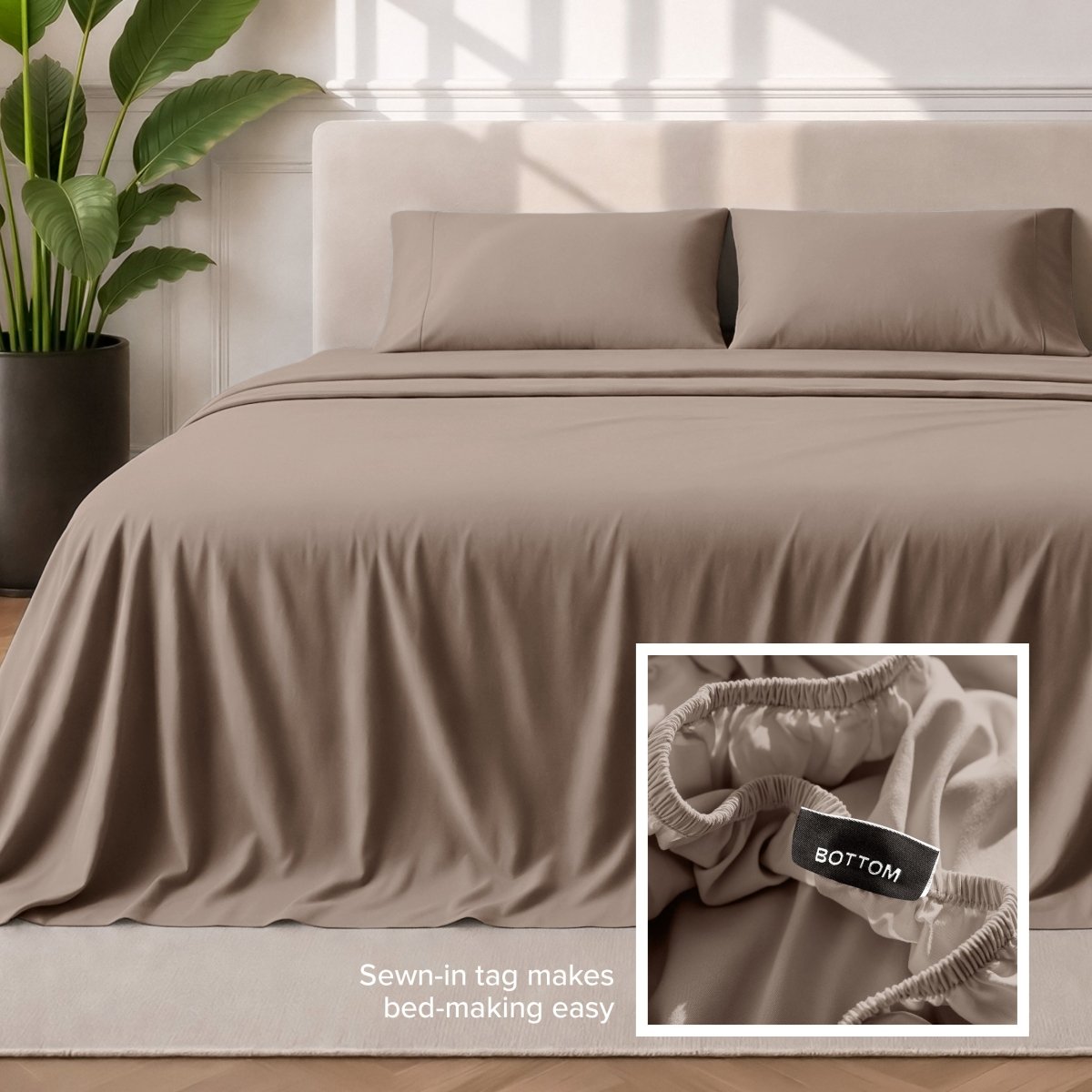 Sewn-in tag makes bed-making easy