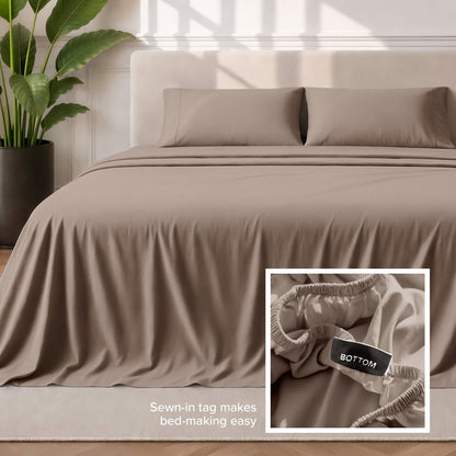 Sewn-in tag makes bed-making easy