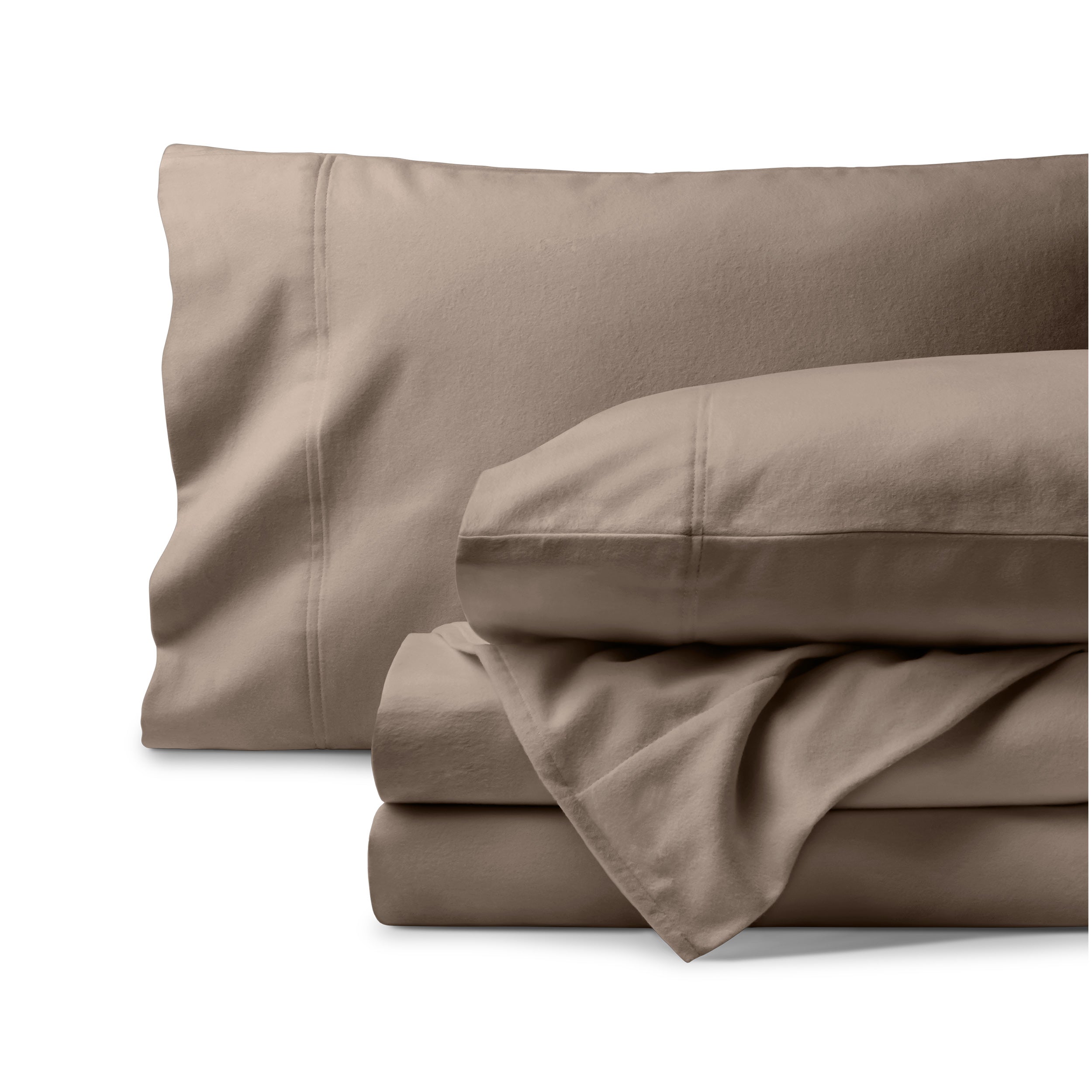 Organic flannel bed sheets and pillowcase set on a white background