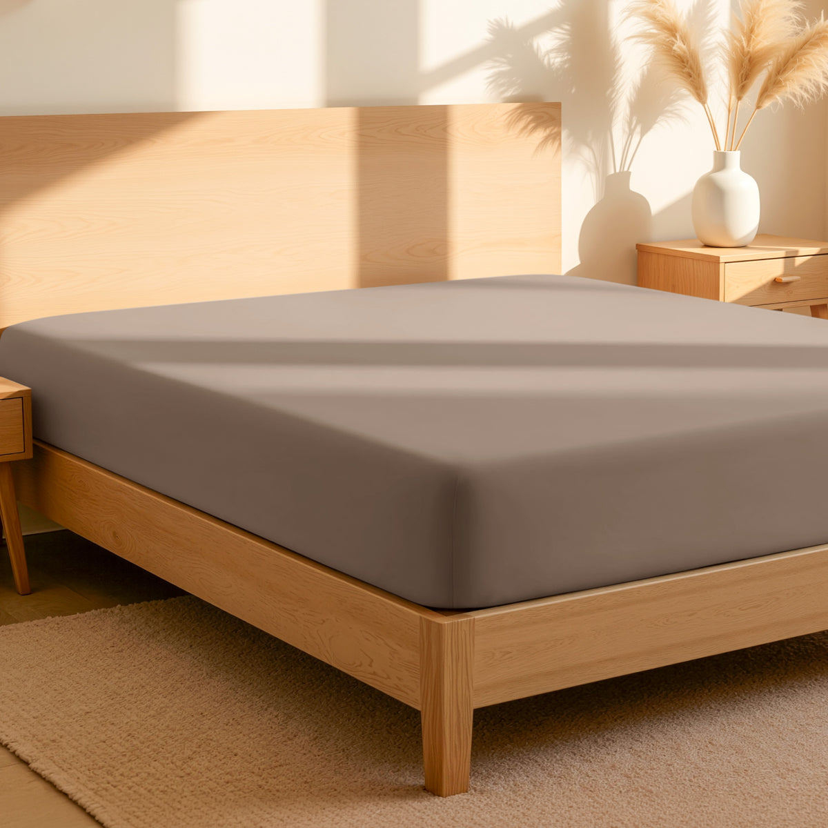 Fitted sheet on a bed in a bedroom setting with a lamp and plant.