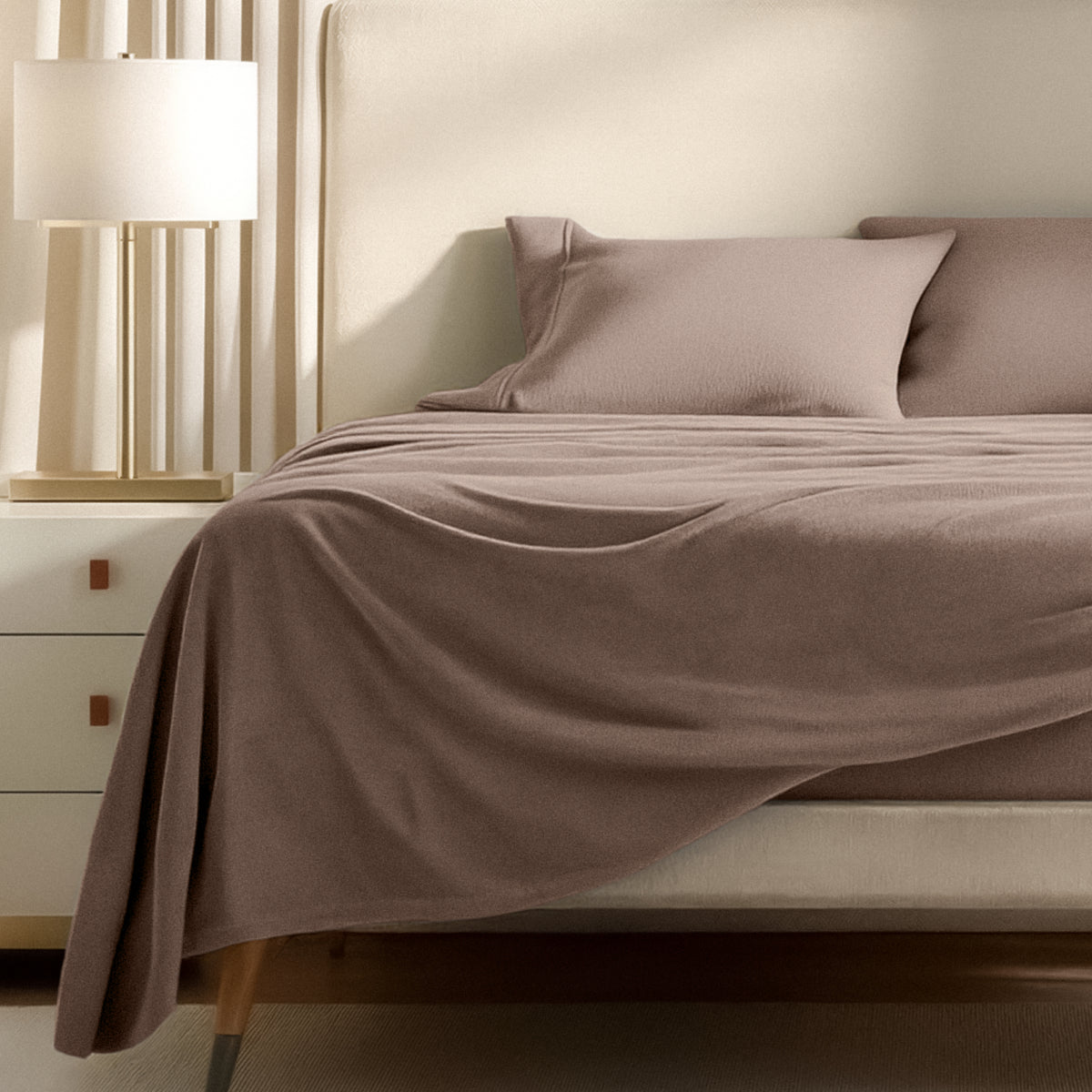 Polar fleece sheets on a bed