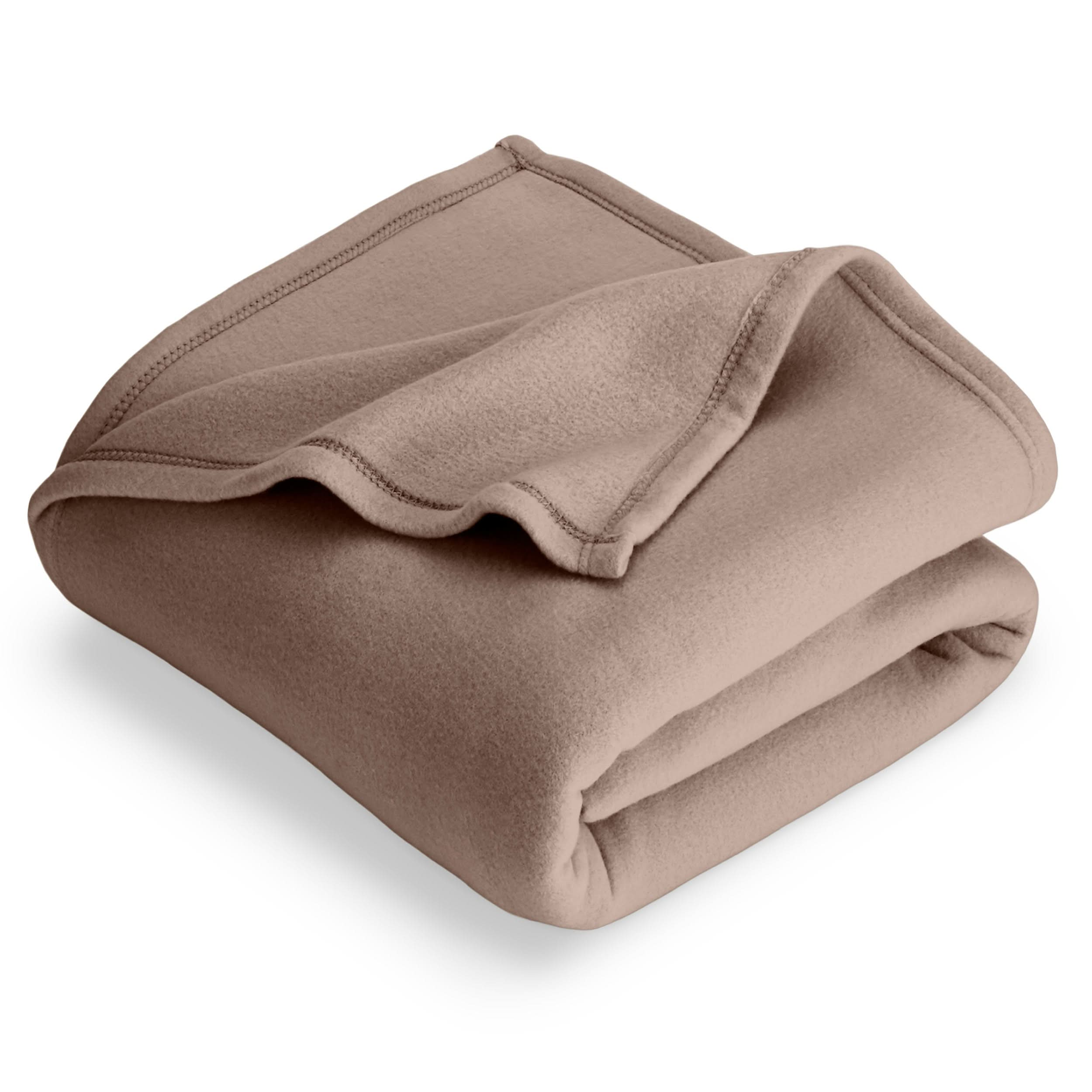 Taupe polar fleece blanket folded with 1 corner folded back