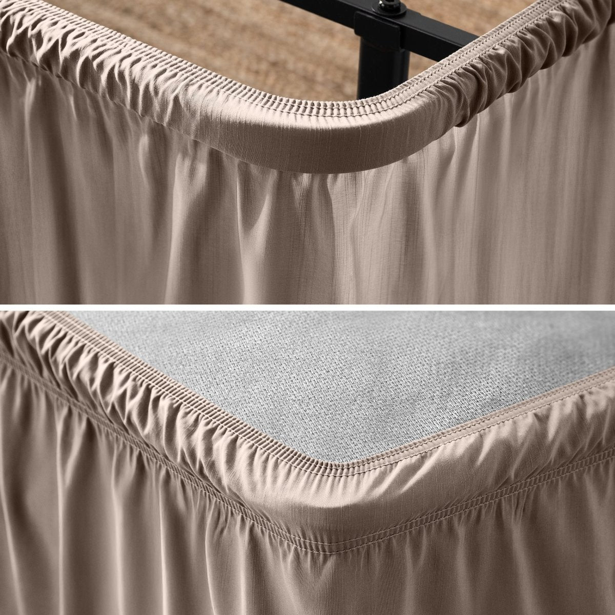 Close up of a polyester wrap around bed skirt on a bed frame and box spring