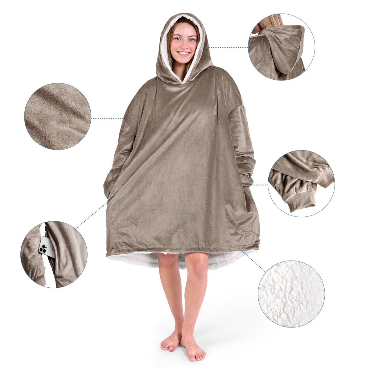 Close up of the features on a wearable blanket