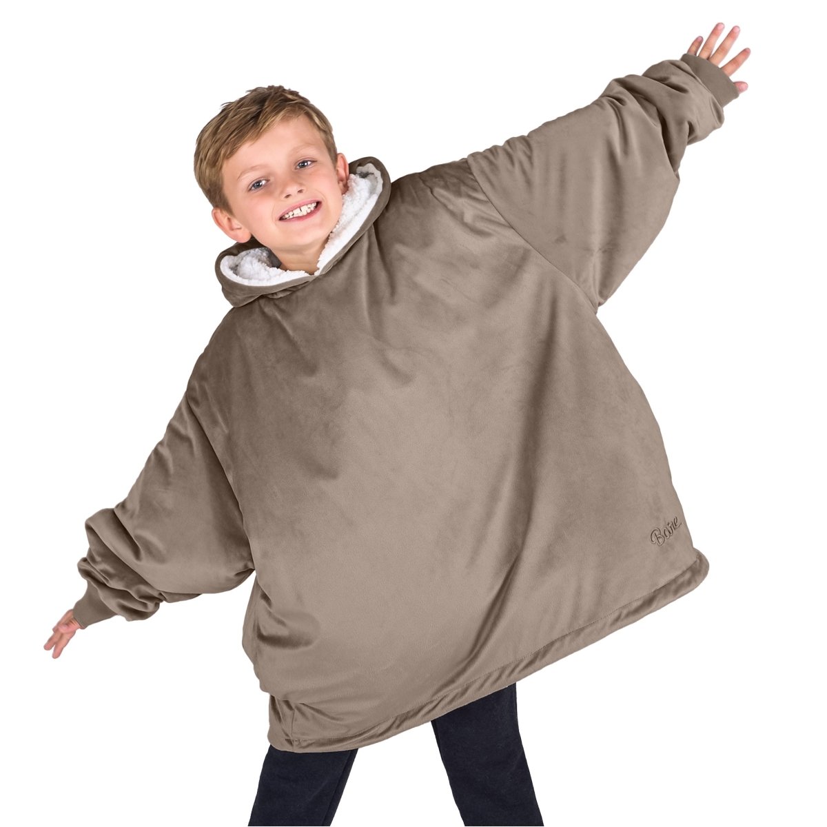 A child with a wearable blanket on