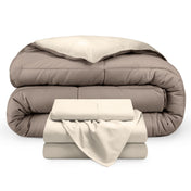 A reversible microfiber comforter and a coordinating sheet set folded and stacked