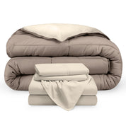 A reversible microfiber comforter and a coordinating sheet set folded and stacked