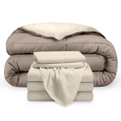 A reversible microfiber comforter and a coordinating sheet set folded and stacked